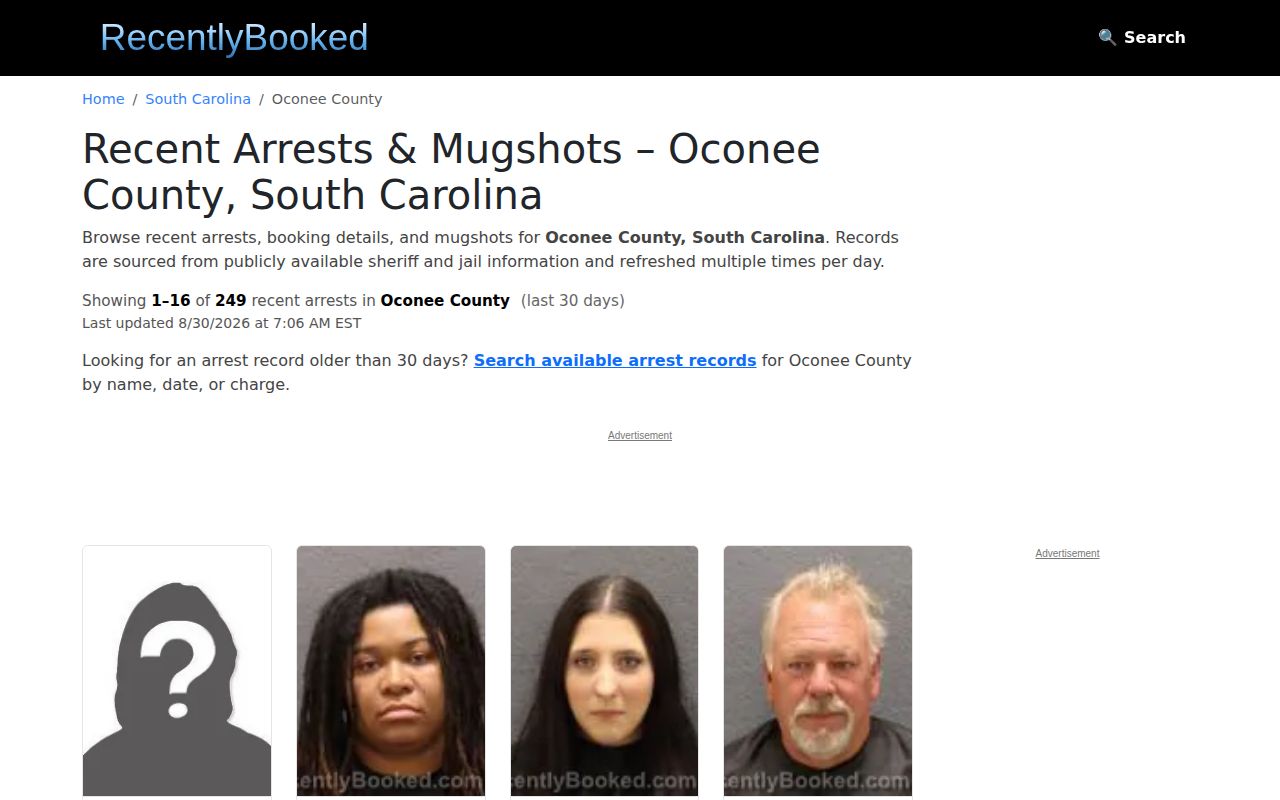 Unofficial RecentlyBooked Oconee County booking-photo listing interface