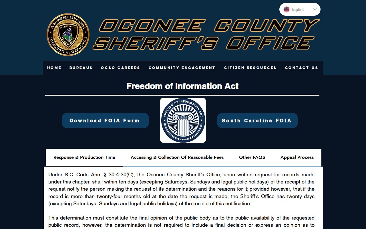 Oconee County booking record and photo request information on the official Sheriff FOIA page