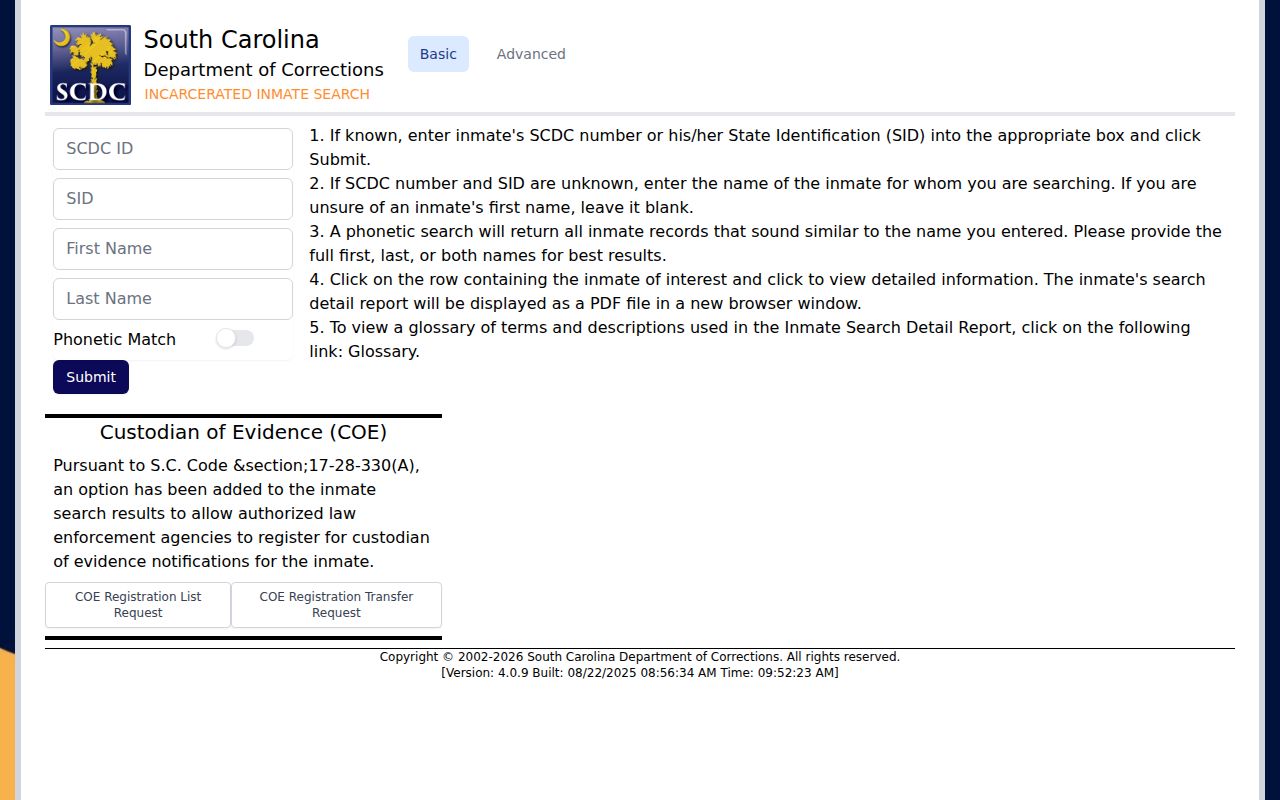 South Carolina Department of Corrections offender photo search for Oconee County follow-up records